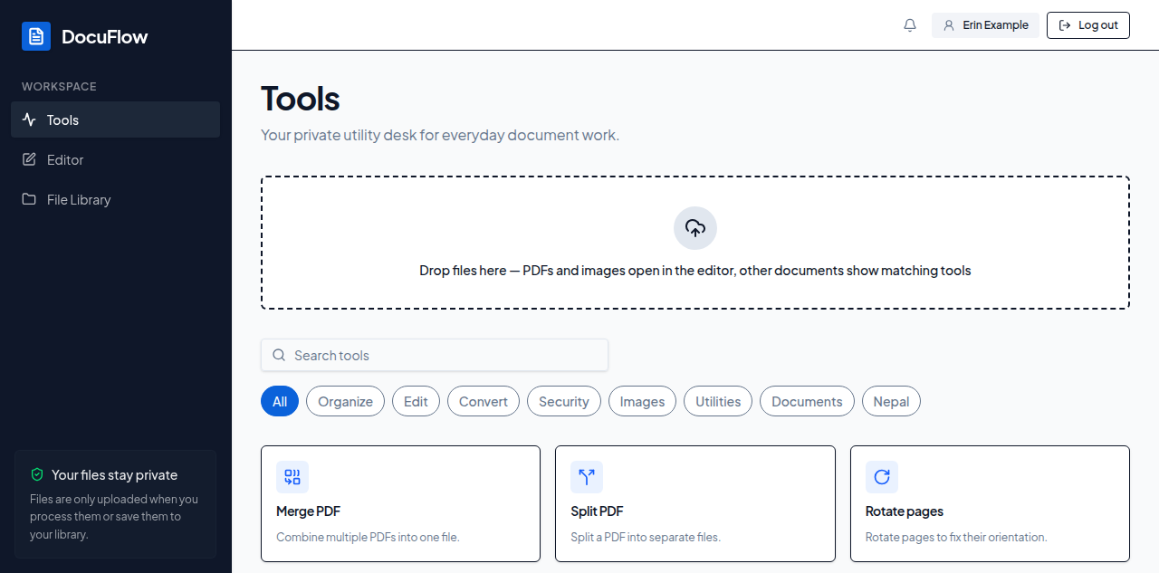 The Tools page: the search box, category tabs and the full grid of tool cards
