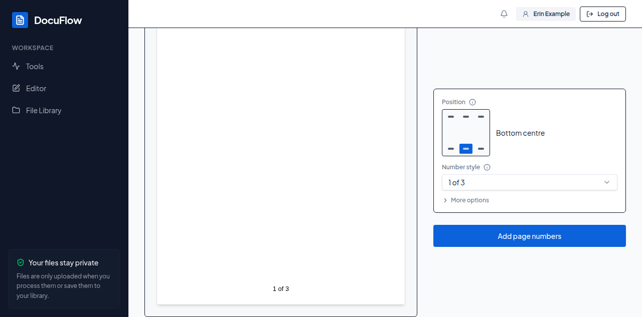 A page number stamped live in the preview, in the chosen position and style