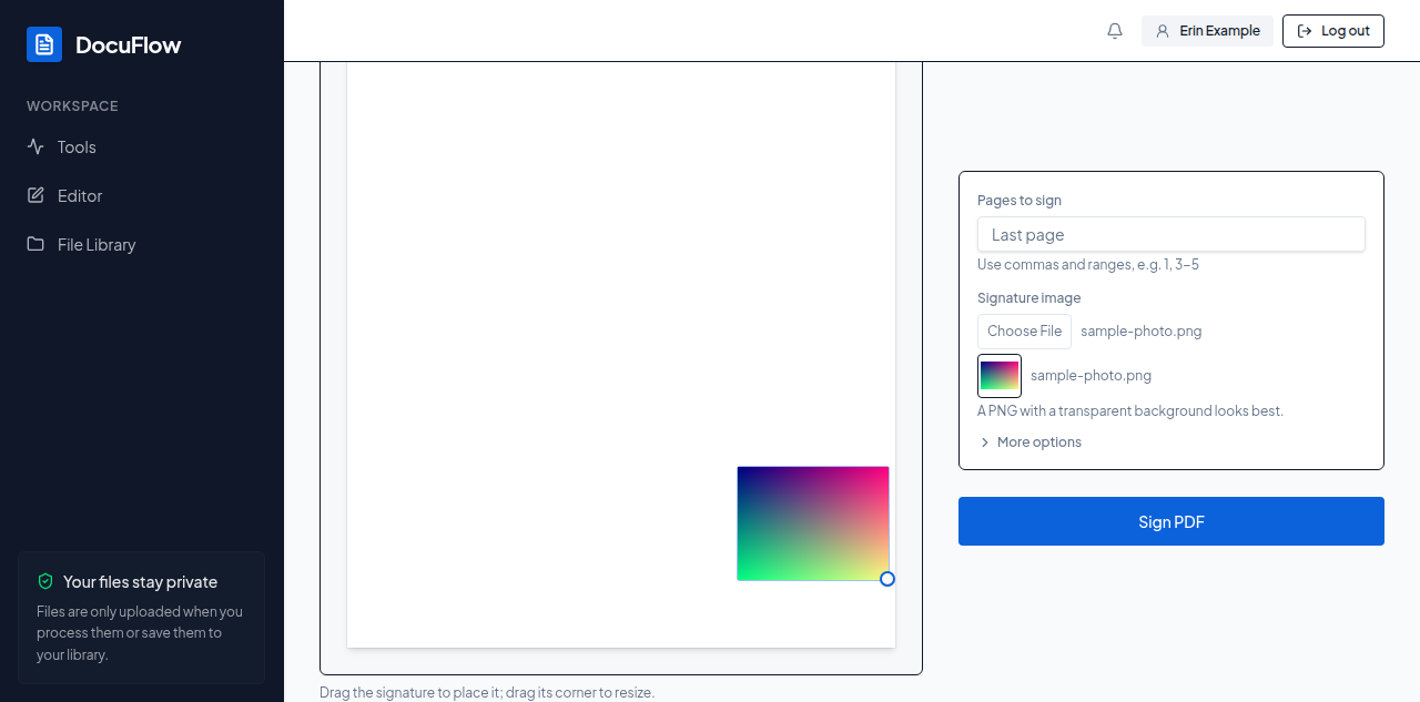 A signature image placed on the page in the live preview, draggable and resizable