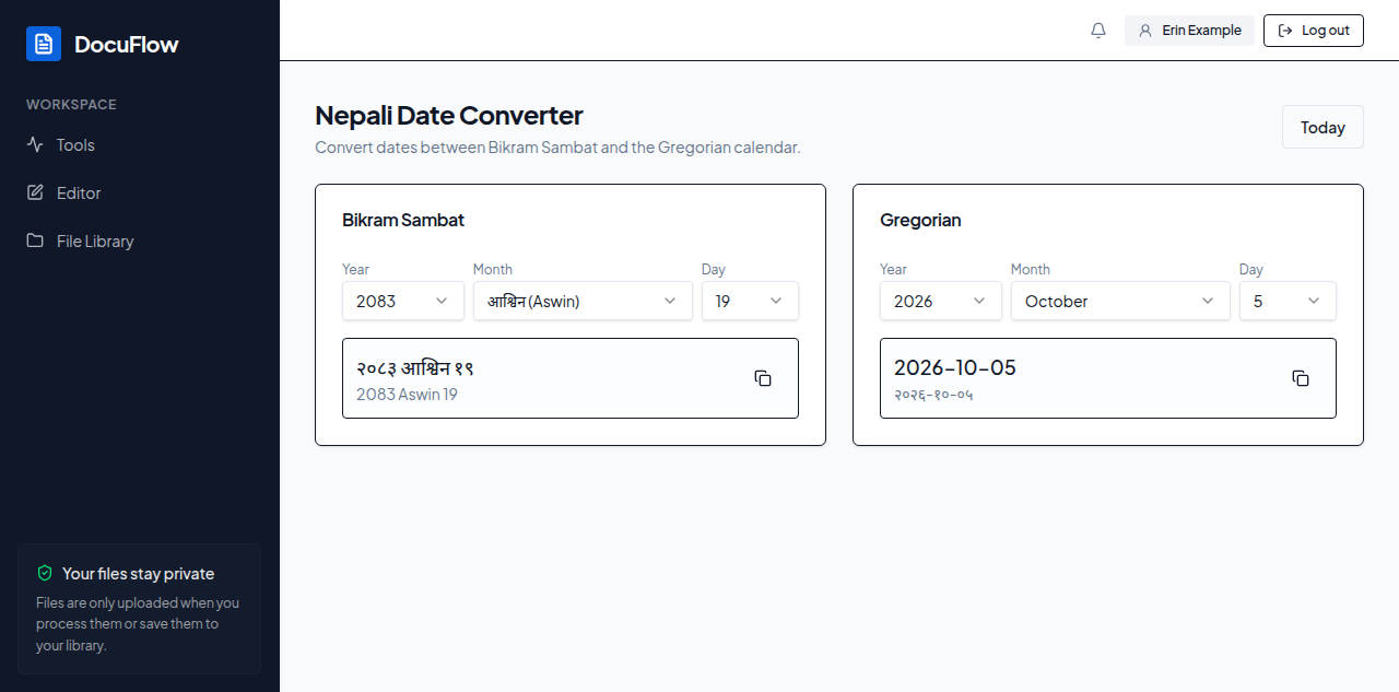 The Bikram Sambat and Gregorian date pickers, side by side with a converted result