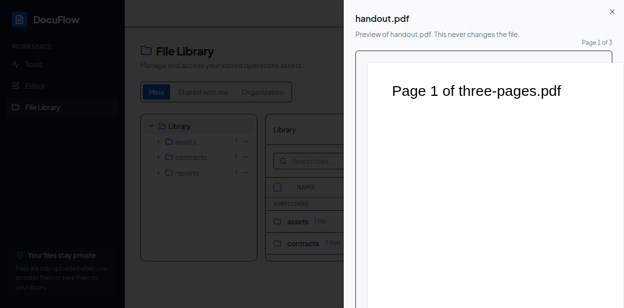 A PDF shown in the preview panel beside the file table