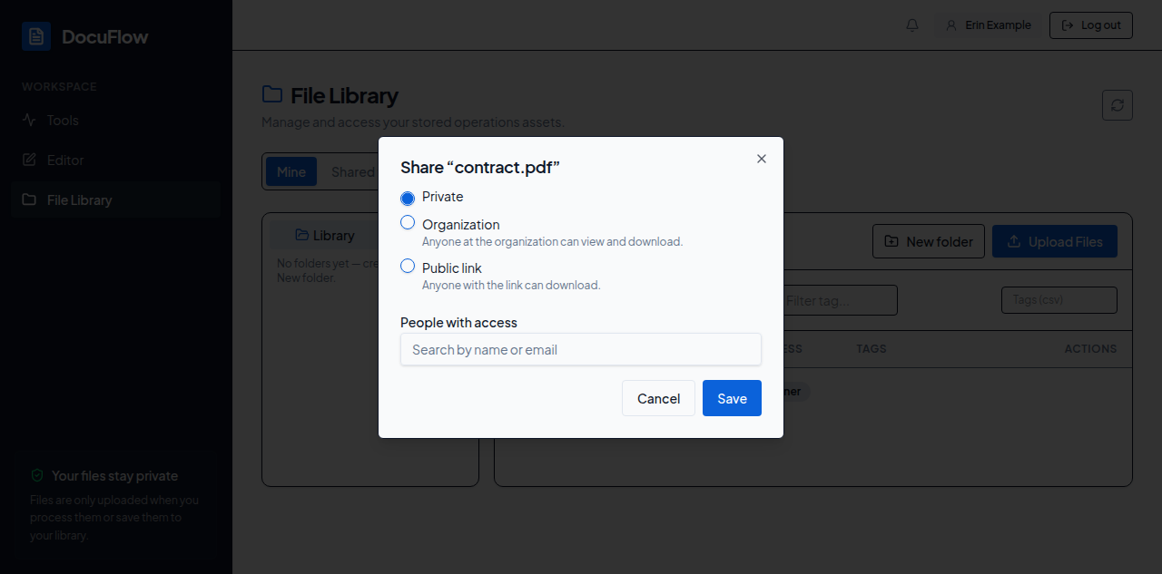 The Share dialog: visibility choices and the people-with-access search box