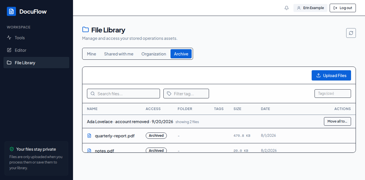 The Archive tab, showing a former owner’s documents grouped under their name