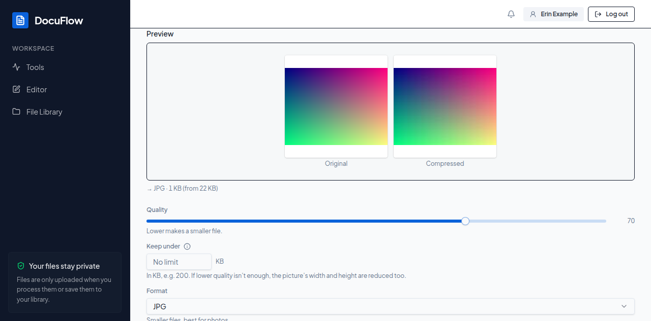 The Compress image page: the photo before and after, with the new size under them