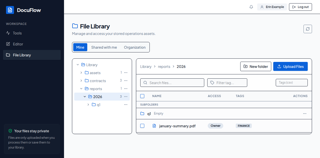 Folders listed on the left, with the open folder’s subfolders and files in the table